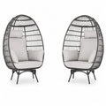Gartensessel 2er Set Ei-Sessel mit Auflagen oval PE-Rattan Stahl Polyester Grau Creme 88 x 78 x 150 cm
