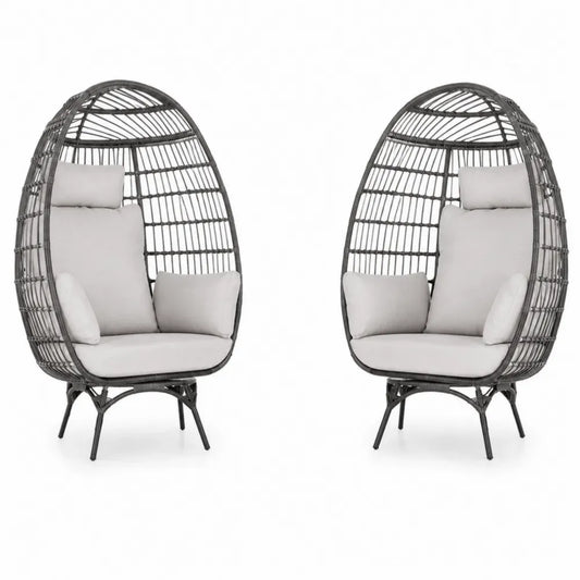 Gartensessel 2er Set Ei-Sessel mit Auflagen oval PE-Rattan Stahl Polyester Grau Creme 88 x 78 x 150 cm