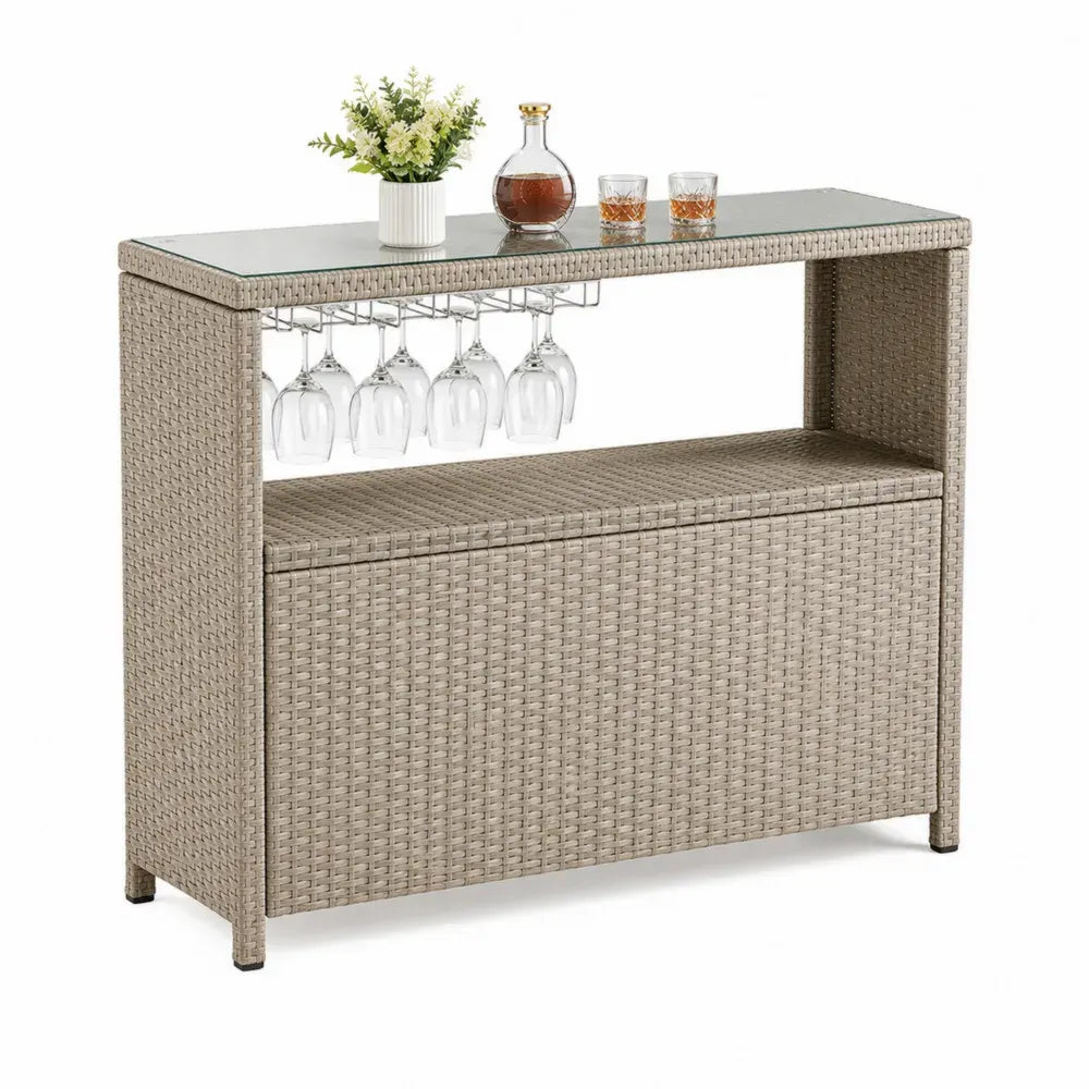 Gartenbar Bartisch mit Glasplatte und Glashalter 120 x 55 x 105 cm PE Rattan Stahl rechteckig Beige Grau