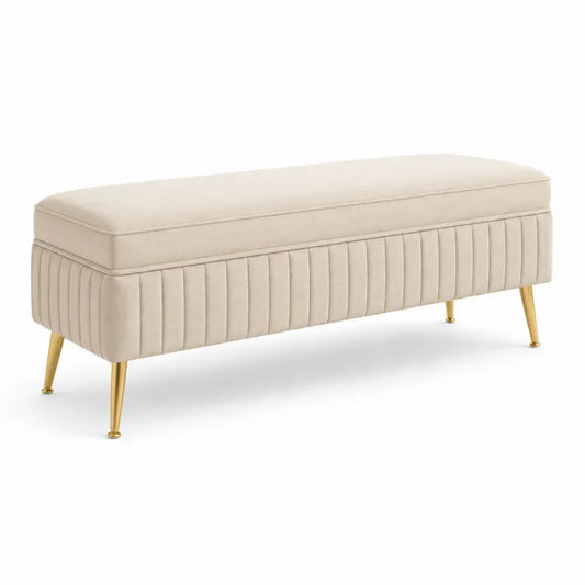 Schlafzimmerbank Sitzbank mit Stauraum rechteckig Polyester-Samt Beige Goldfarben 100 x 40 x 45 cm