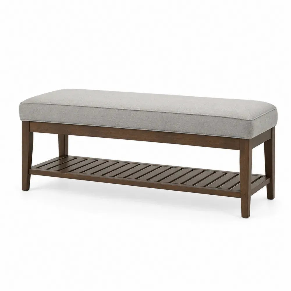 Schlafzimmerbank Sitzbank mit Ablage gepolstert Polyestergewebe Kautschukholz rechteckig Grau Braun 120 x 40 x 45 cm
