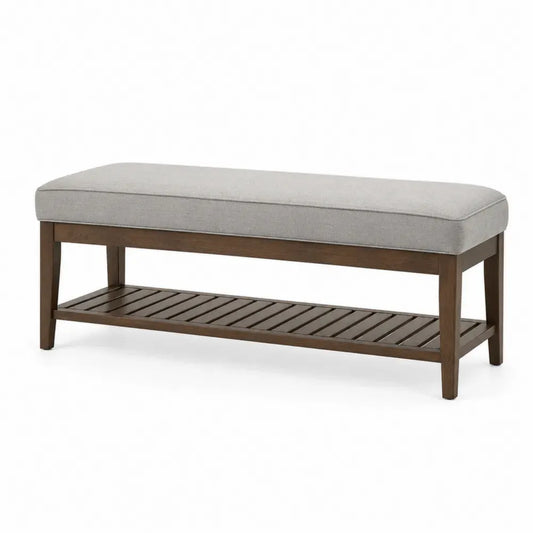 Schlafzimmerbank Sitzbank mit Ablage gepolstert Polyestergewebe Kautschukholz rechteckig Grau Braun 120 x 40 x 45 cm