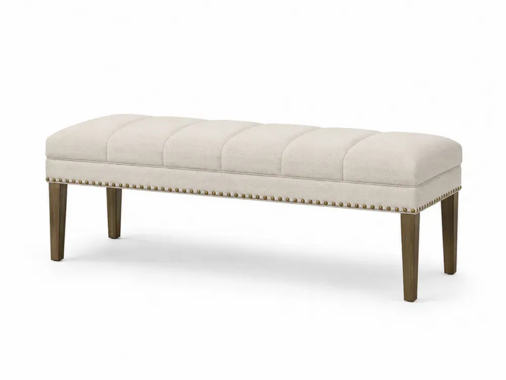 Schlafzimmerbank Sitzbank gepolstert Polyestergewebe Kautschukholz rechteckig Beige Braun Messingfarben 122 x 43 x 46 cm