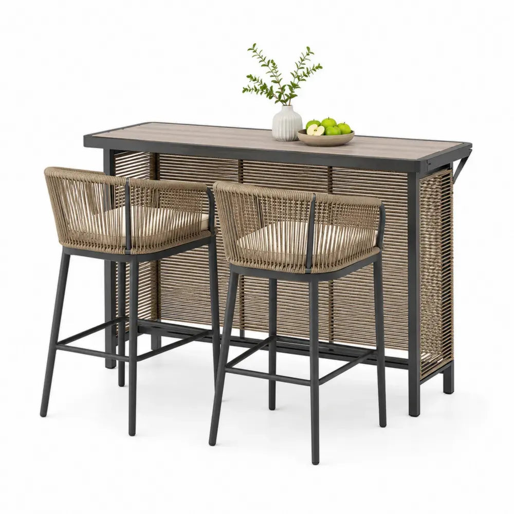 Gartenbar Set 3 teilig mit Bartisch 120 x 55 x 105 cm und 2 Barhockern PE Rattan Stahl WPC Taupe Schwarz Creme