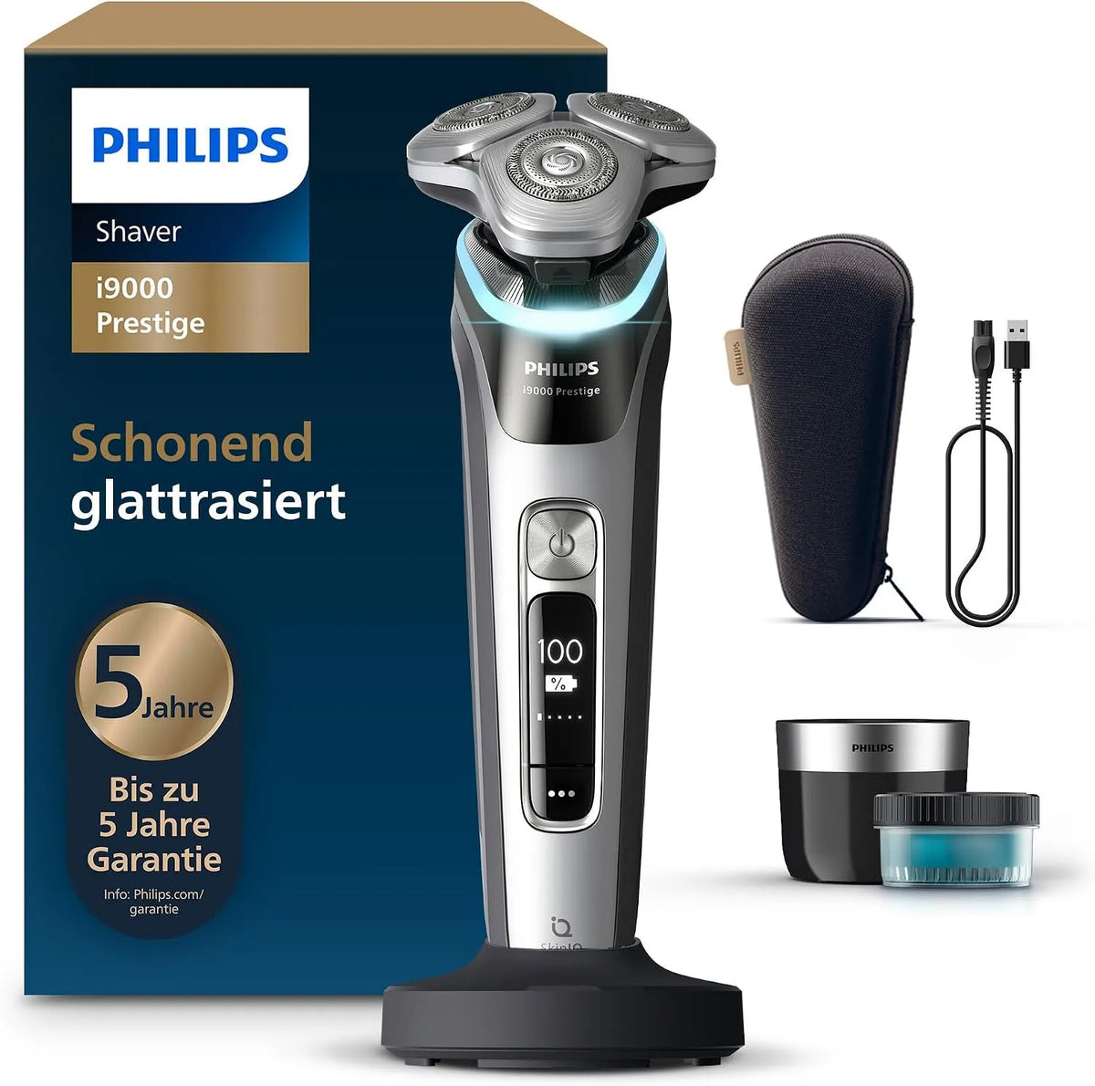Philips i9000 XP9205/30 Reinigungsstation, Drucksensor, Ladestation, Rasierer, IPS-Panel, Grau, für Herren mit integriertem Trimmer