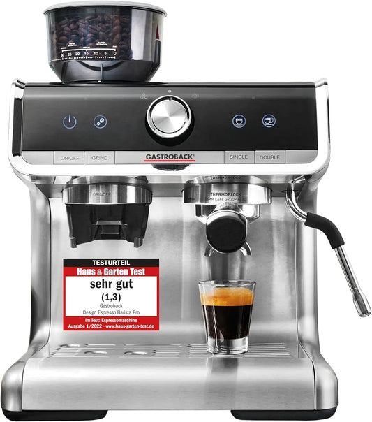 Espressomaschine, GASTROBACK, Edelstahl, Barista Kaffeemaschine mit Milchschäumer, Tamper und Edelstahl Siebträger