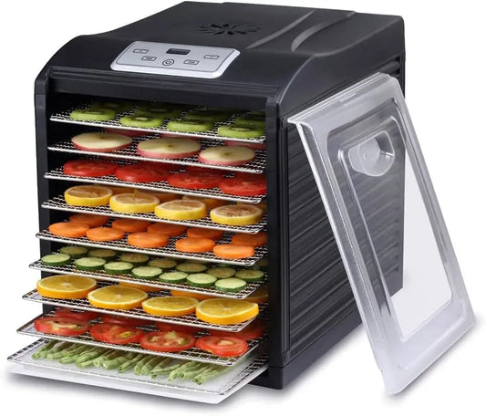 Dörrgerät, Lebensmitteltrockner, 600 W, Timer, Digitalanzeige, herausnehmbar, Edelstahl, 9 Ablagen, Schwarz, für Lebensmittel mit 9 Ablagen