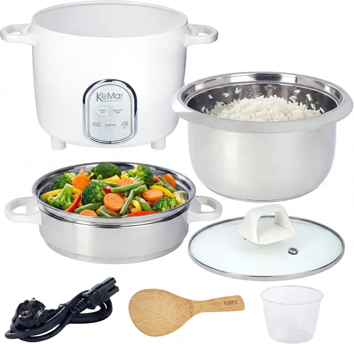 Geschirrspüler KRC-175, 1,4 L, 500 W, 5 Programme, Spülmaschine, Warmhaltefunktion, Dampf, Edelstahl, Weiß, Edelstahltopf & Glasdeckel, Dampfgaren