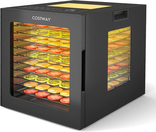 Wäschetrockner, 850 W, 30 bis 75 °C, COSTWAY 48H, Timer, Edelstahl, 10 Edelstahl-Schalen, Dörrgerät mit 10 voreingestellten Programmen