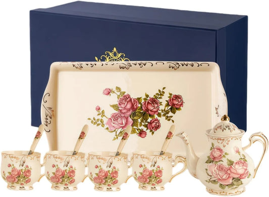 1 Stück Englische Blumensträucher Porzellan-Teeservice-Set, Vintage-Keramik-Teeservice inklusive Blumen- und Blattgoldrand für Nachmittagstee und