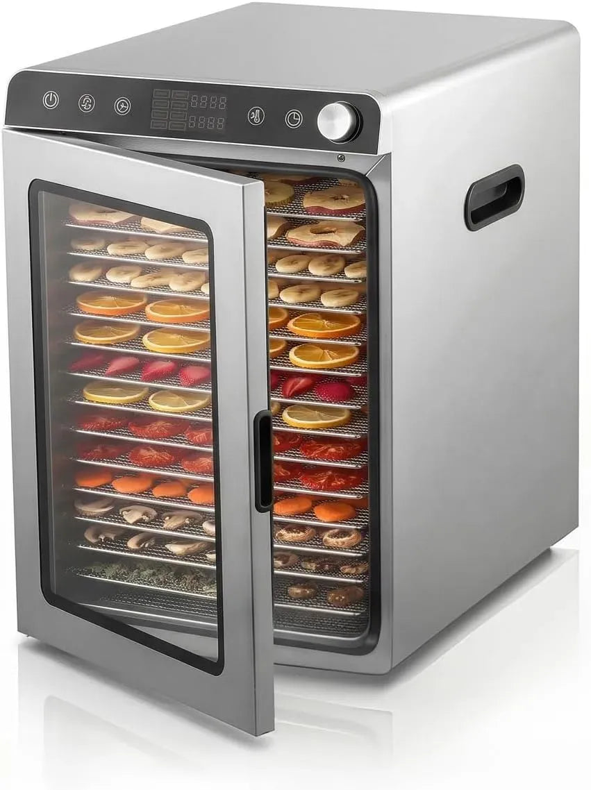 Wäschetrockner, 1000 W, 8 Programme, Touch-Bedienung, Edelstahl, Dörrautomat Edelstahl mit 16 Edelstahlgitter, LED Touch Control Drehregler, 13400