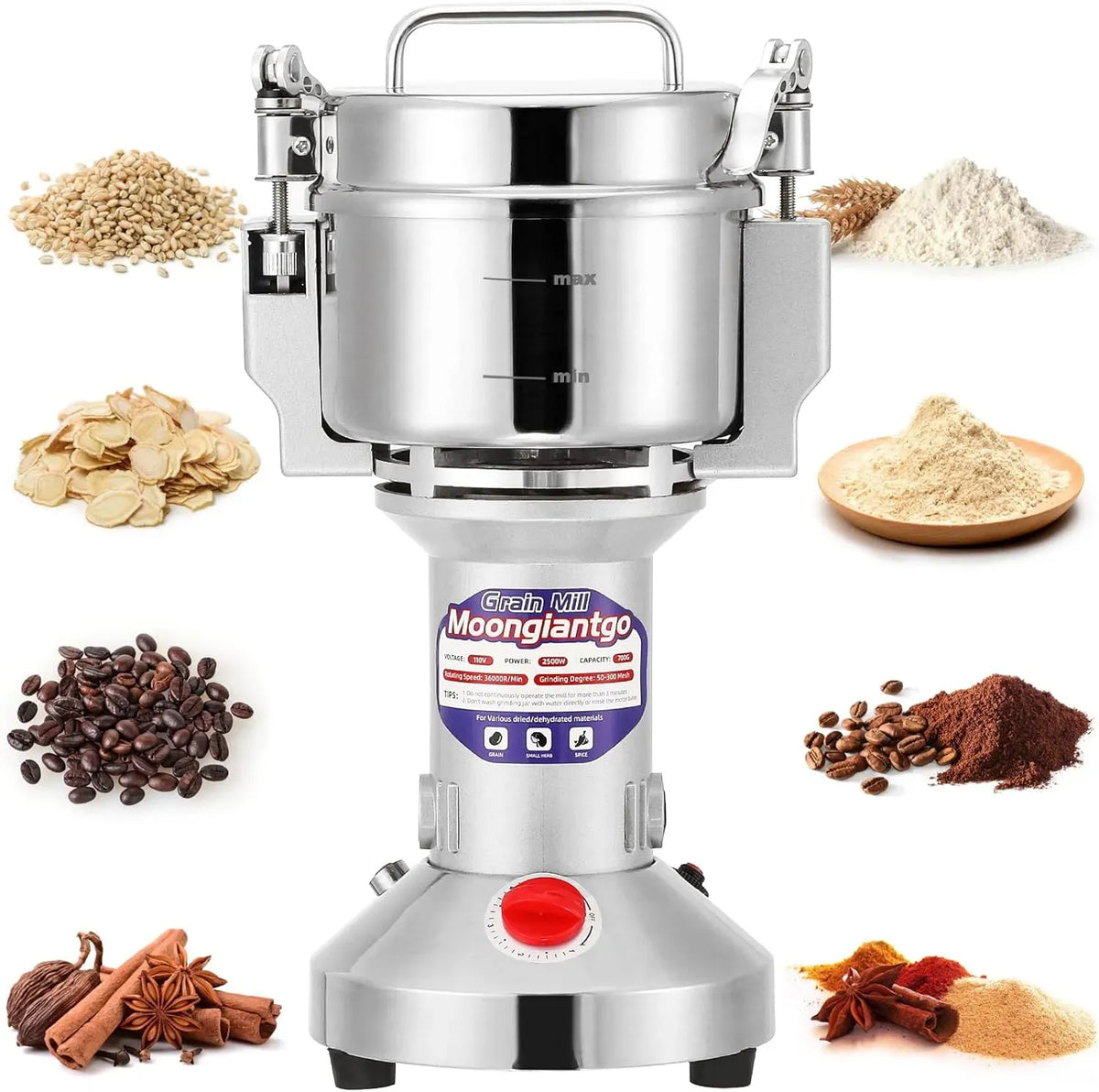 Getreidemühle, 2500 W, 500 g, Kornmühle, Moongiantgo, Edelstahl