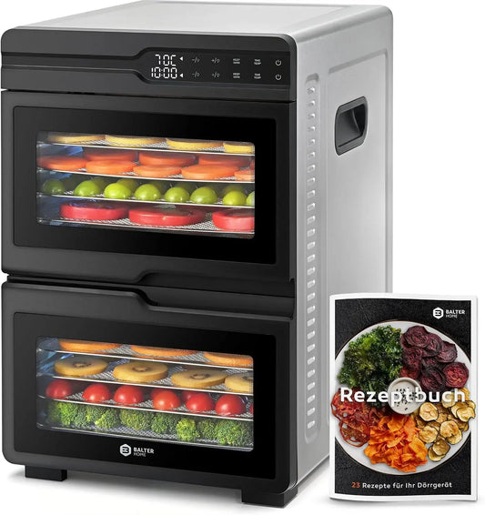 Wäschetrockner, 1000 W, 35 bis 75 °C, Timer, Warmhaltefunktion, Edelstahl, Balter Dörrautomat Edelstahl mit 2 Kammern & 12 Etagen, Timer bis 48 Std