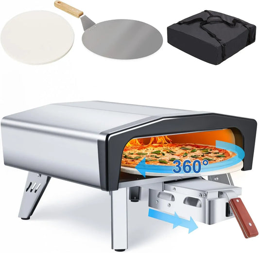Elektrischer Pizzaofen, 50,8 cm, MELLCOM, tragbar, Outdoor, Grill, Edelstahl, Ausziehbarer Griff & 360° Automatisch drehbarer Pizzastein