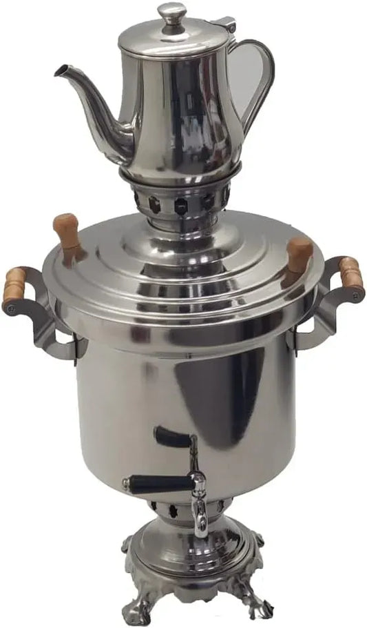 Teemaschine, Edelstahl, Holz, Holzkohle, Schornstein