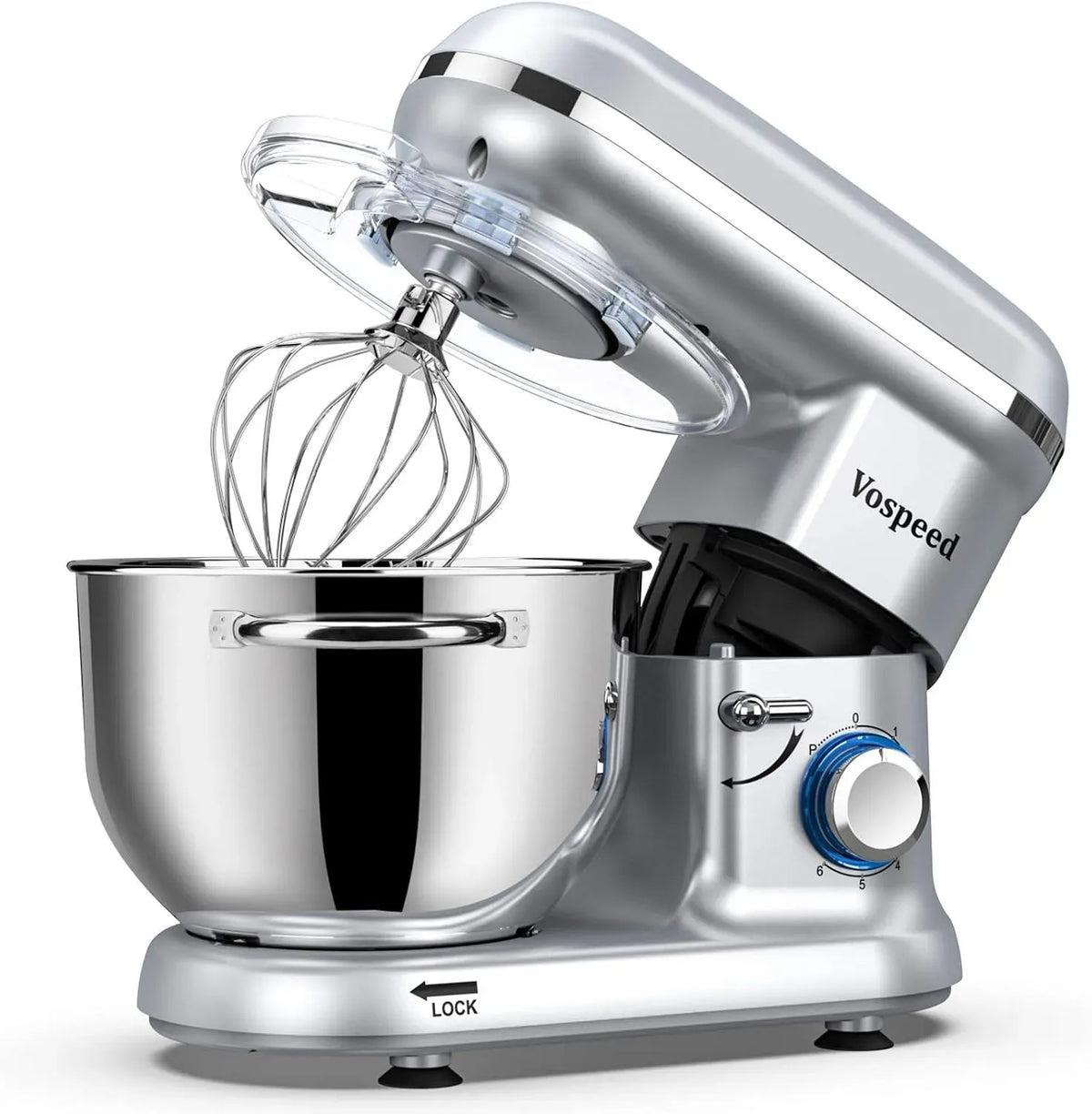 Küchenmaschine, 6.2 L, Vospeed, Edelstahl, Silber, Knetmaschine zum Backen mit Edelstahlschüssel, Elektrischer Standmixer mit 6 Geschwindigkeiten