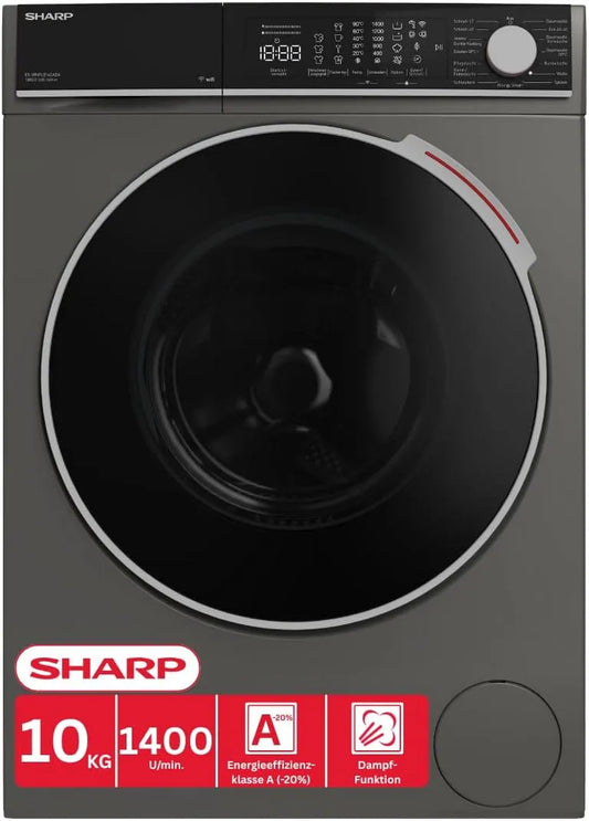 Sharp ES-WNFL014CADA-DE Waschmaschine, 10 kg, Energieklasse A, Touch-Bedienung, WLAN, Inverter, Dampf, aquaStop, Grau, 1400 U/min, WiFi-fähig