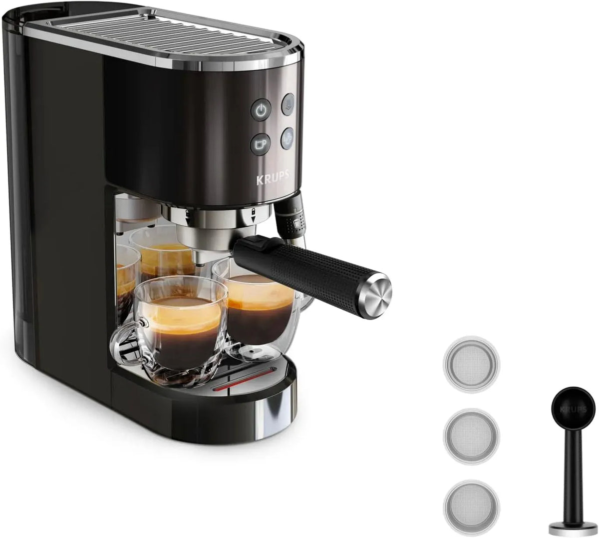 Krups XP444G Espresso-Siebträgermaschine, Crema-Filter, Tamper, 15 bar, Dampf, Edelstahl, Schwarz